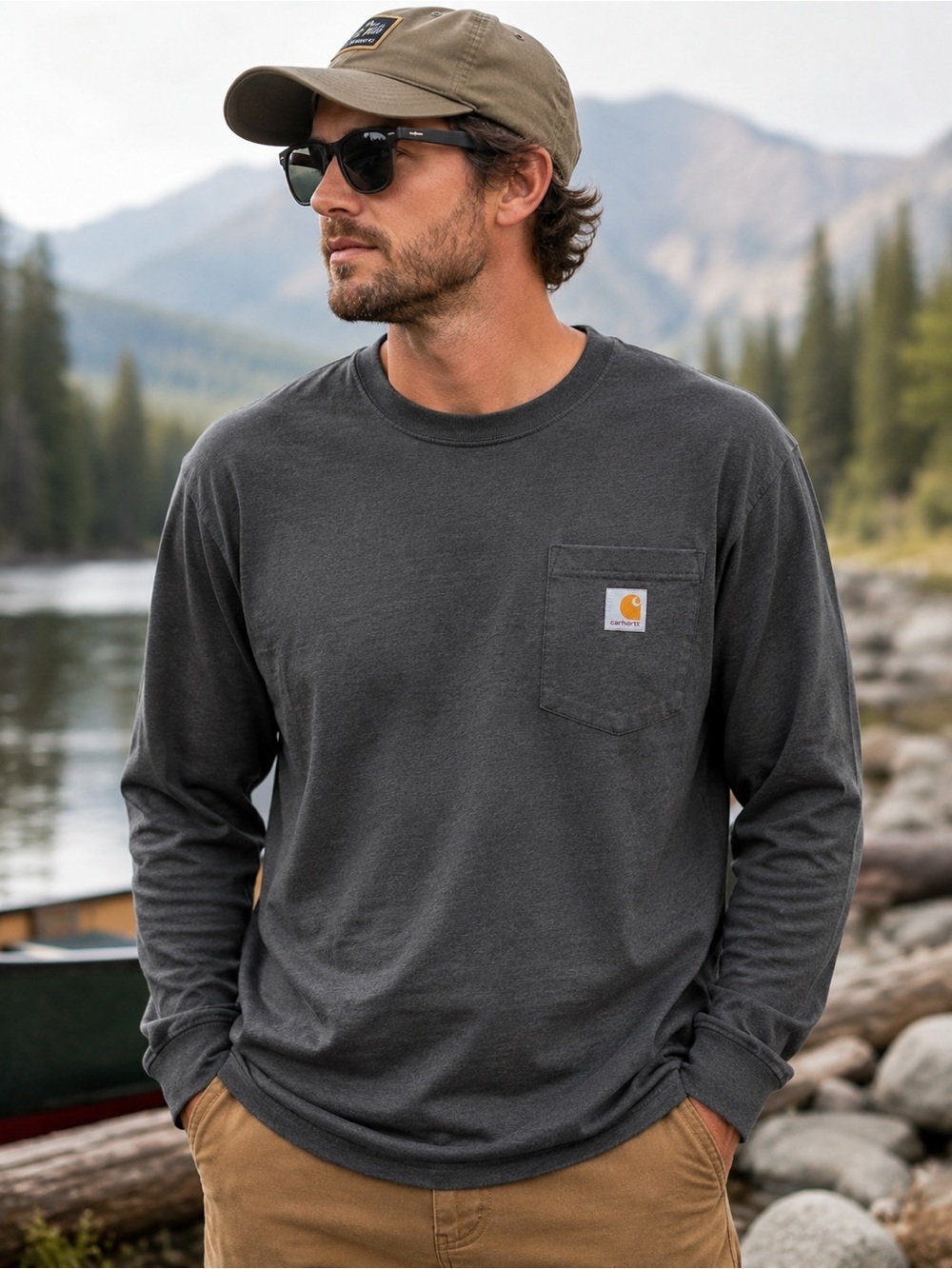 Carhartt Long Sleeve Pocket T-Shirt | Rugged Graphic Back | Charcoal Gray | XL